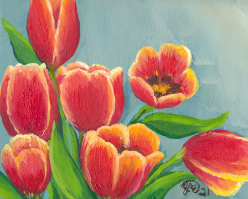 Grouping of red orange tulips with yellow highlights, against a slate grey background